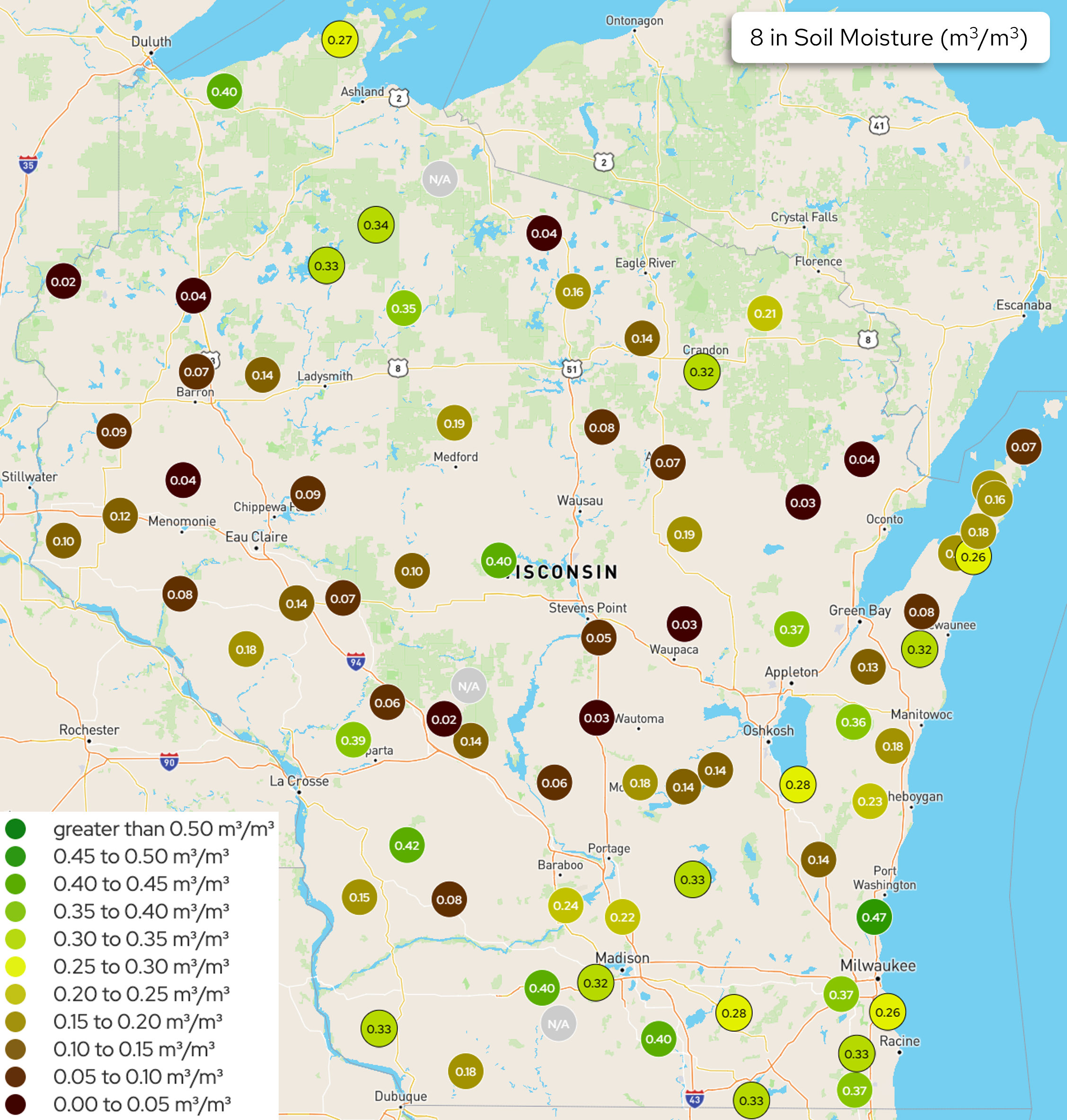 Wisconsin 8-inch soil moisture readings. Image description below.
