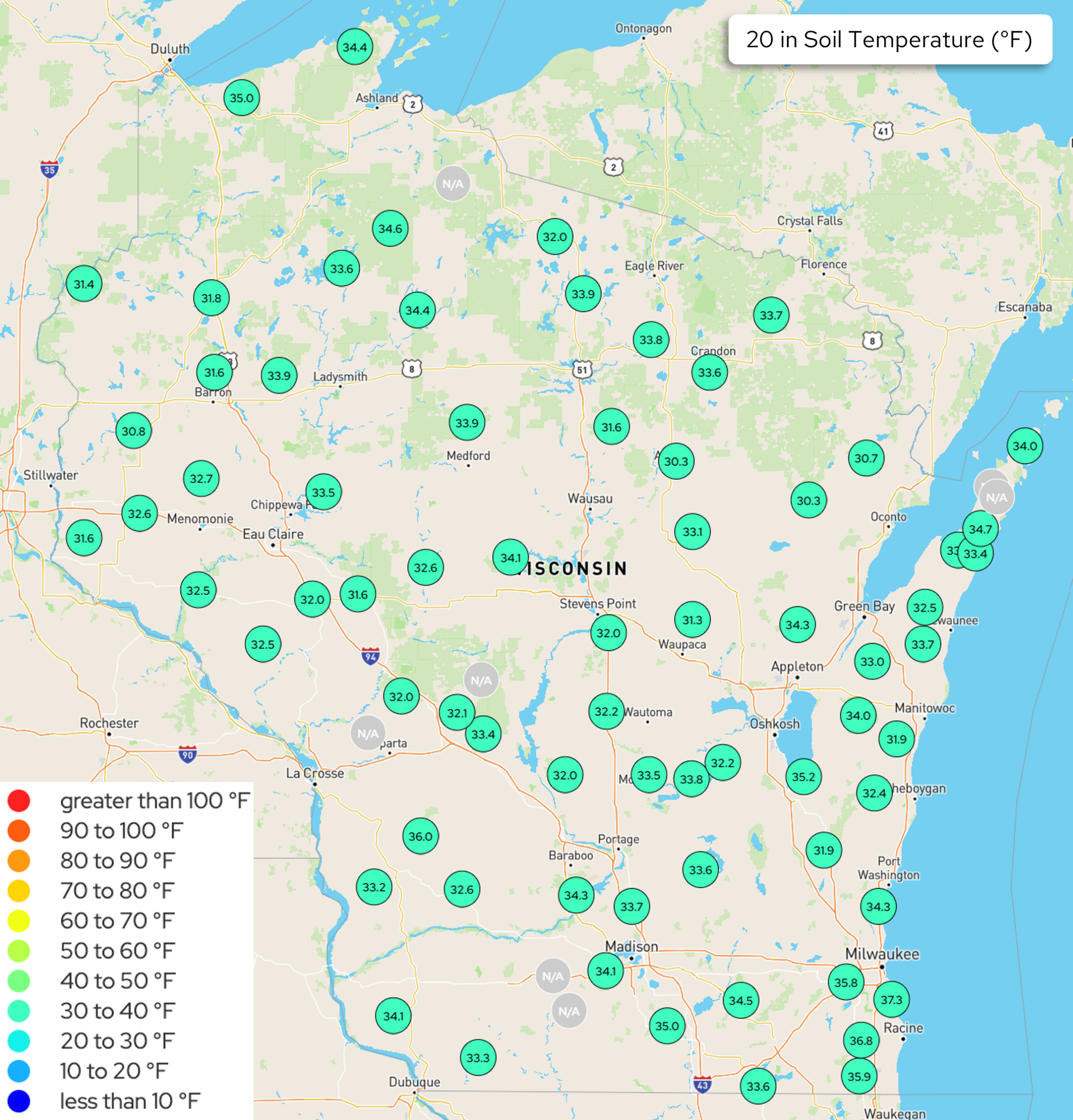 Wisconsin 20-inch soil temperature readings. Image description below.