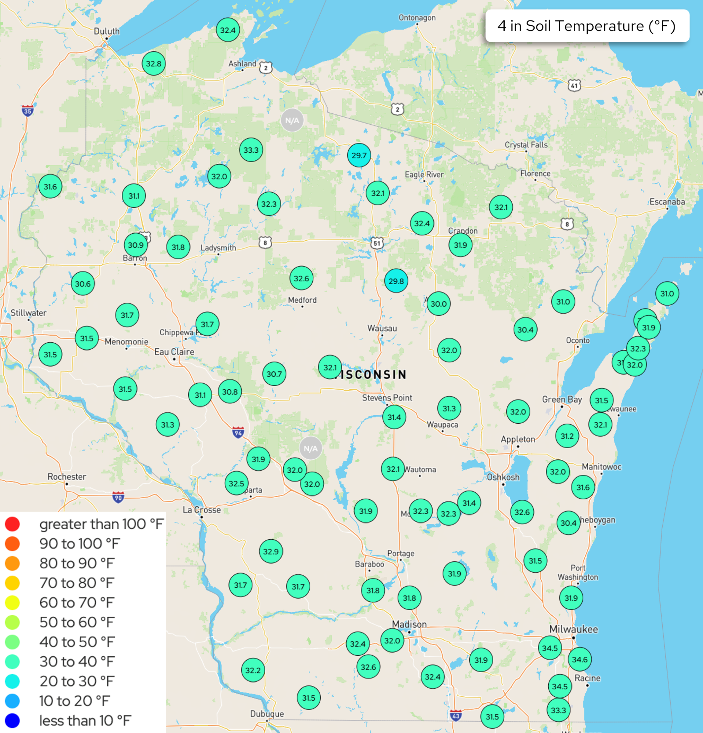 Wisconsin 4-inch soil temperature readings. Image description below.