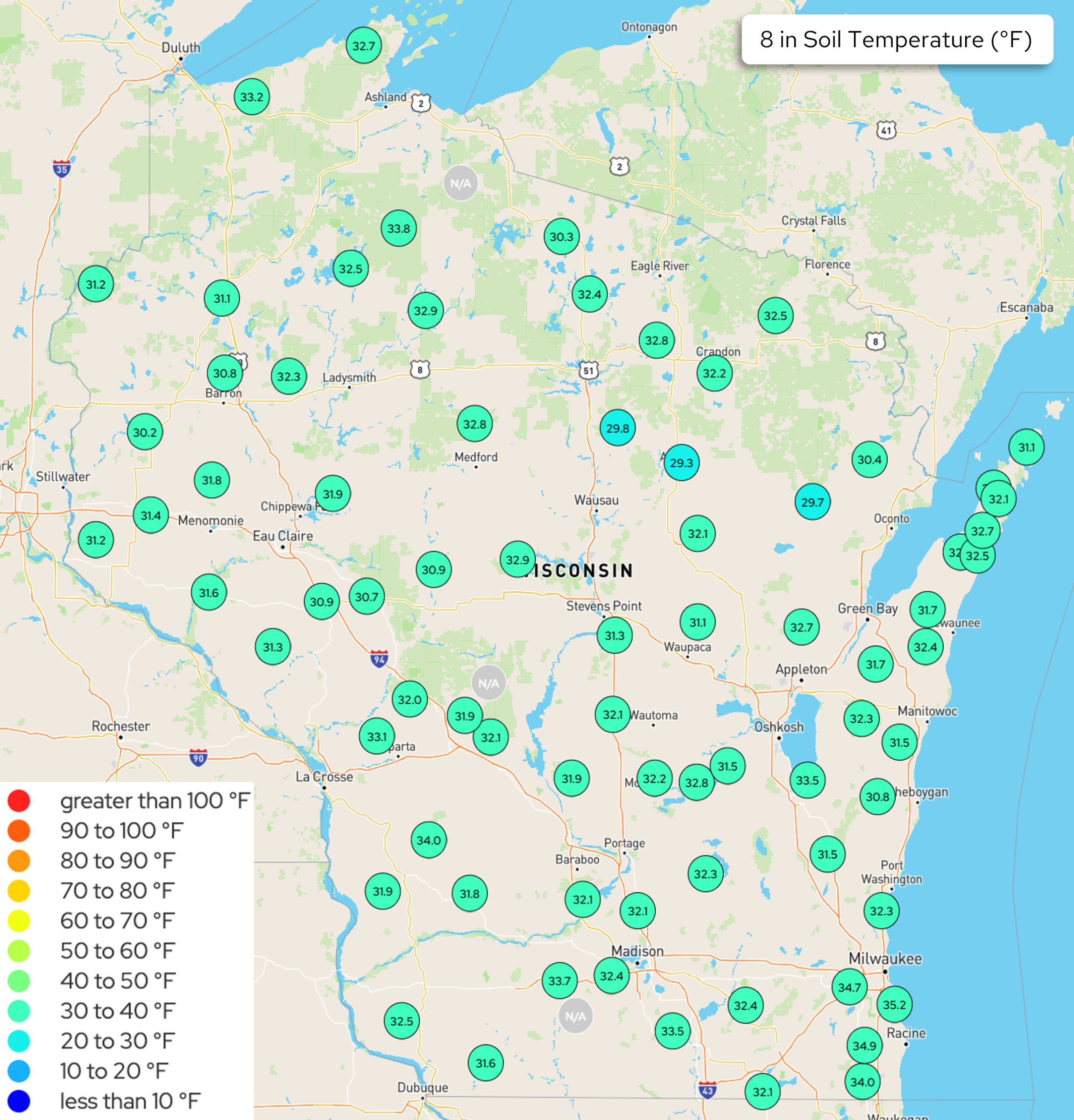 Wisconsin 8-inch soil temperature readings. Image description below.