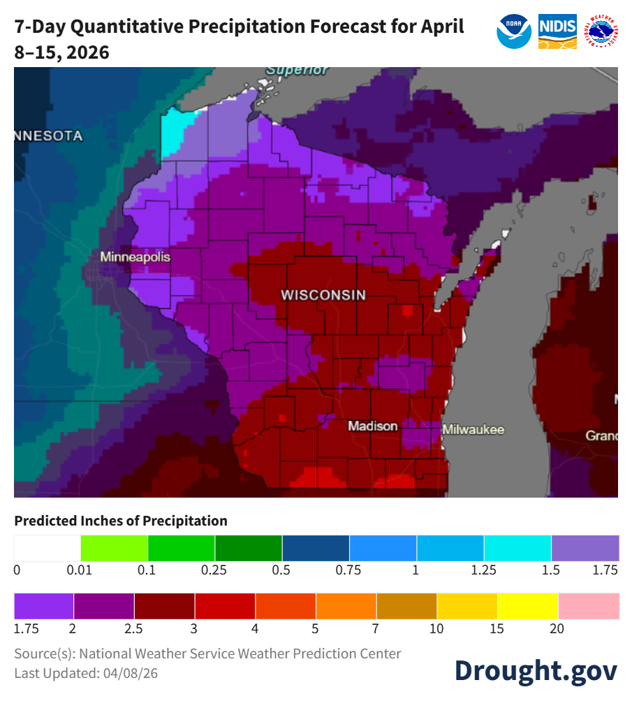 Seven day quantitative precipitation forecast for April 8th- 15th 2026 for Wisconsin. Image description below