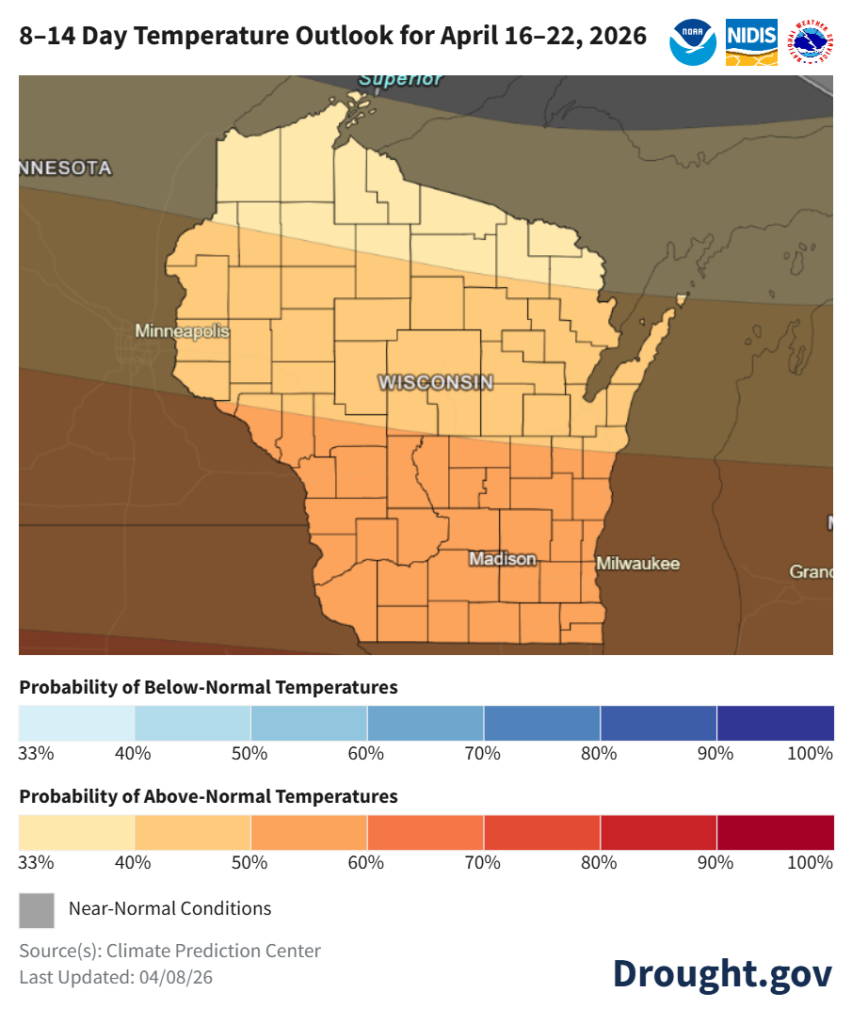 NOAA 8–14 day temperature outlook for Wisconsin, April 16–22, 2026. Image description below.