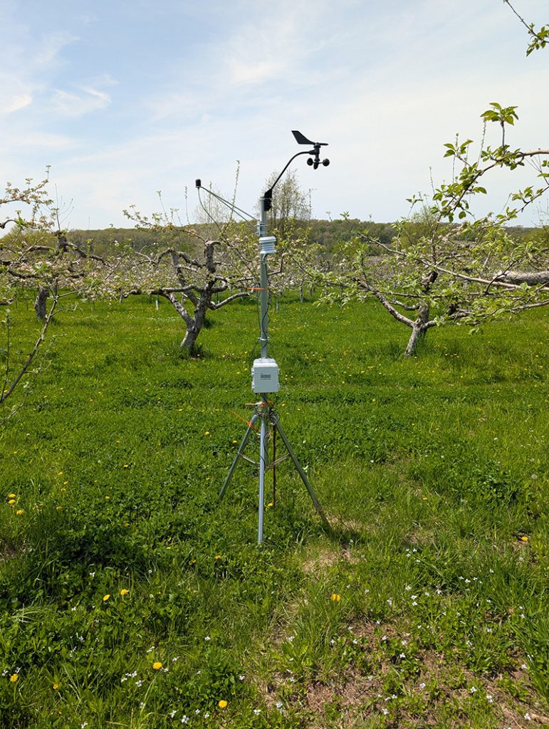 Hobo Weather station in an apple orchard in Southern Wisconsin