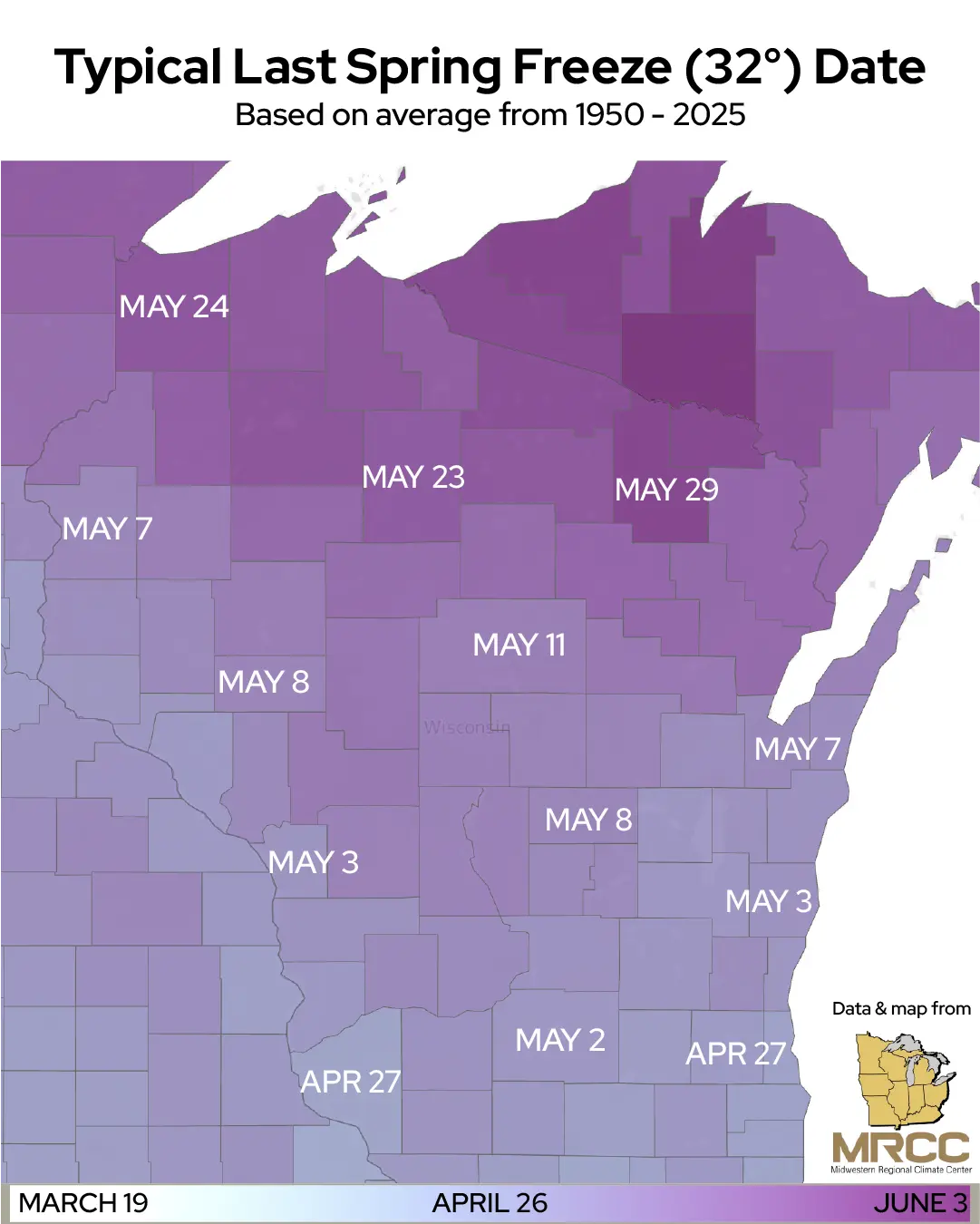 Map: Typical Last Spring Freeze (32°F) dates across Wisconsin, based on 1950–2025 averages. Image description below.