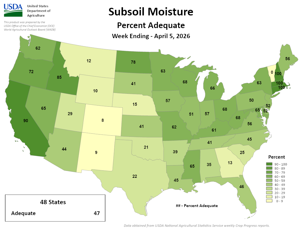 USDA map: Subsoil Moisture Percent Adequate, week ending April 5, 2026. Image description below.