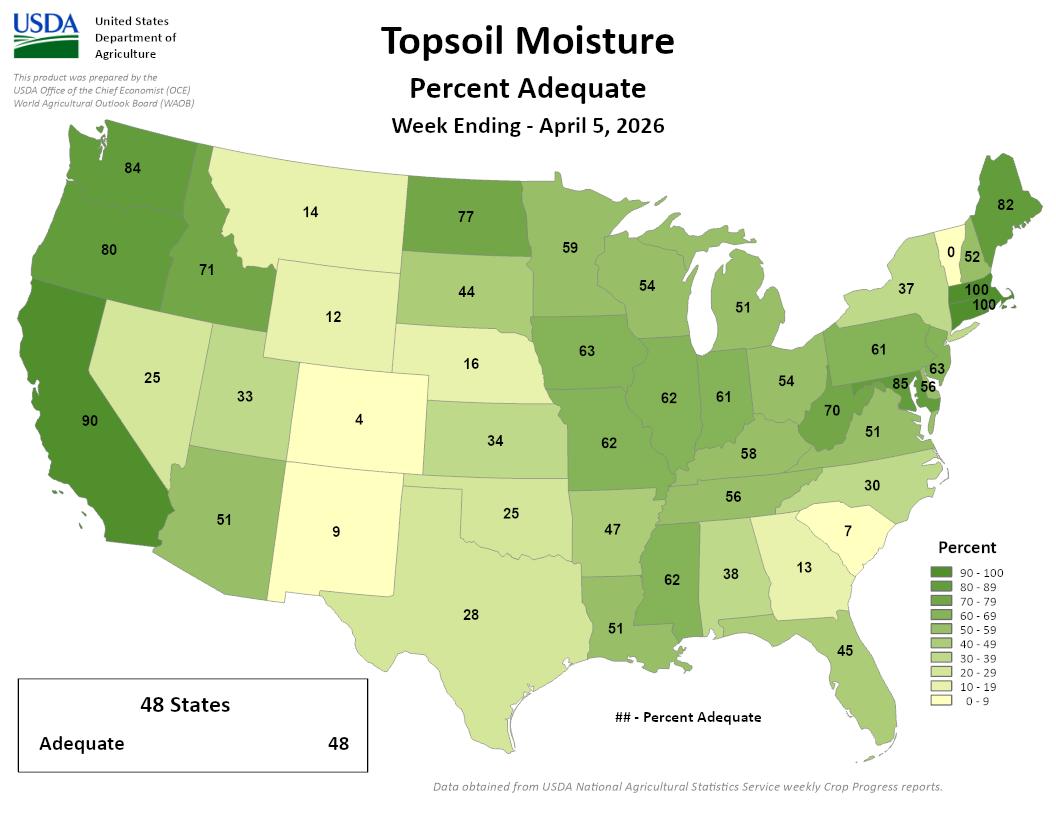 USDA map: Topsoil Moisture Percent Adequate, week ending April 5, 2026. Image description below.