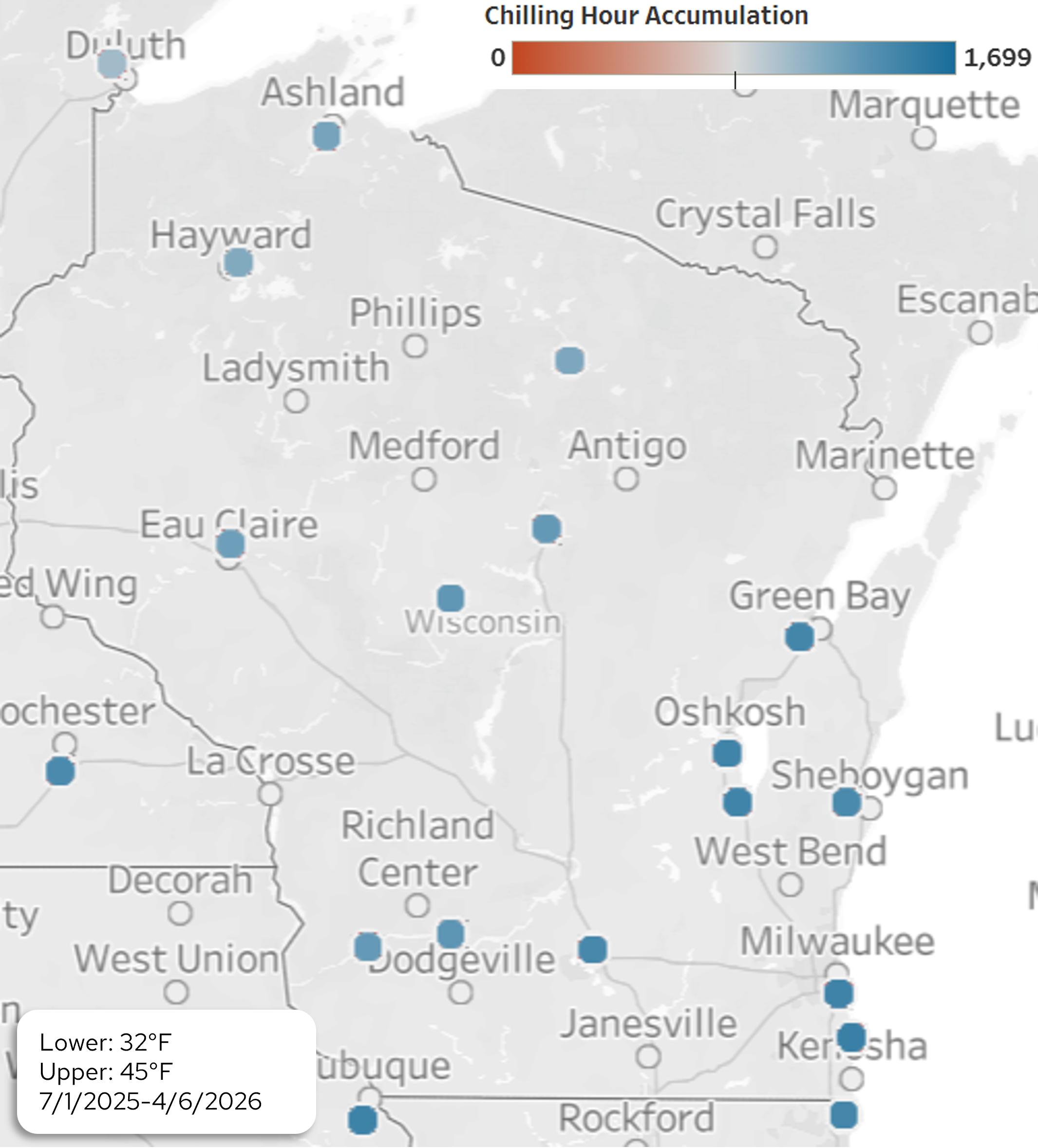 Map of chilling hour accumulation across Wisconsin, 7/1/2025–4/6/2026, ranging 0–1,699 hours (32–45°F). Image description below.