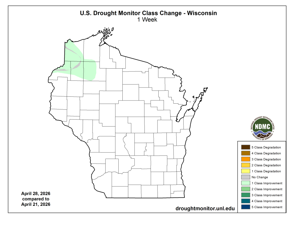Wisconsin drought monitor class change map, April 28 vs April 21, 2026. Image description below.