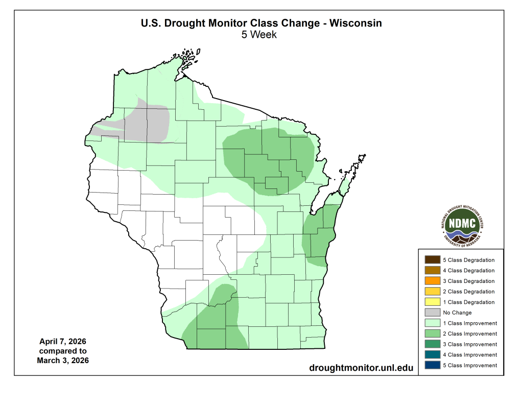 Wisconsin Drought Monitor 5-week class change map, April 7 vs March 3, 2026. Image description below.