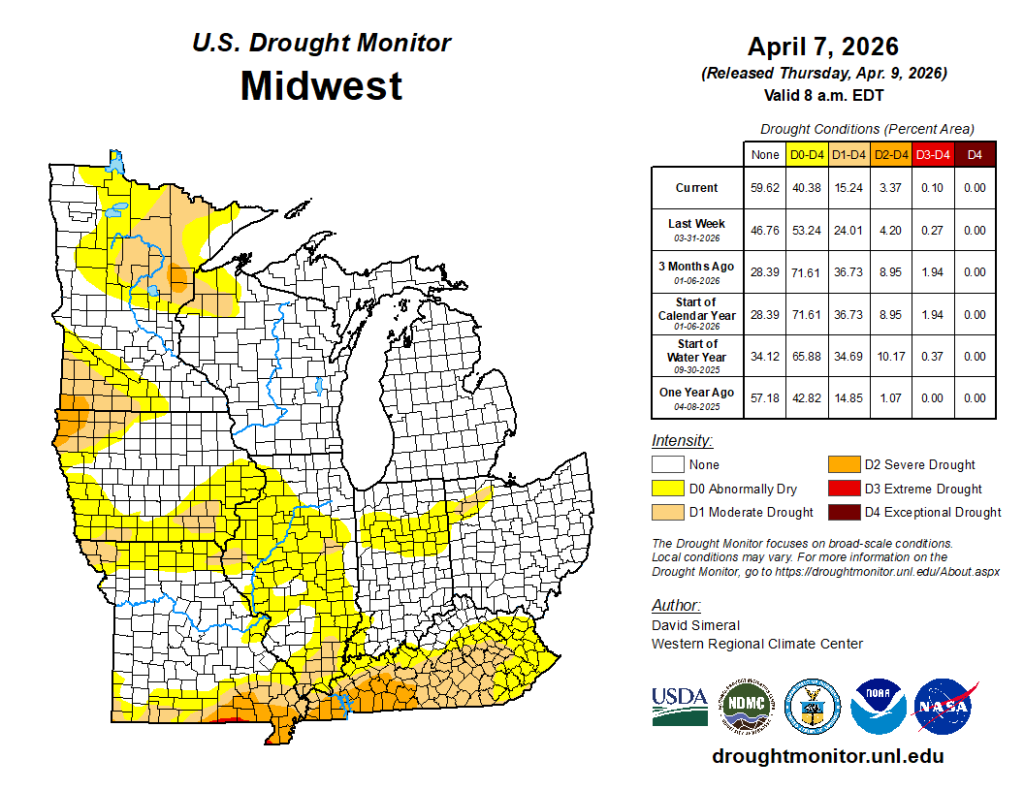 U.S. Drought Monitor map of the Midwest, April 7, 2026. Image description below.