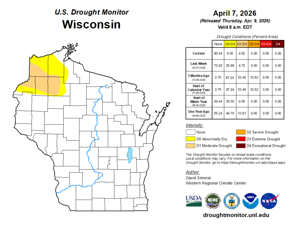 Wisconsin Drought Monitor map, April 7, 2026. Northwestern WI shows D0–D1 drought. 90.44% of state unaffected. Image description below.