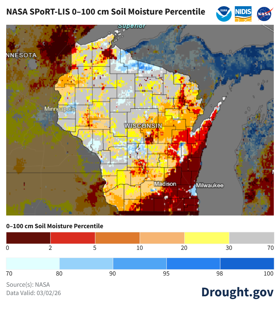 NASA SPoRT-LIS soil moisture map of Wisconsin (03/02/26) showing widespread drought. Image description below.