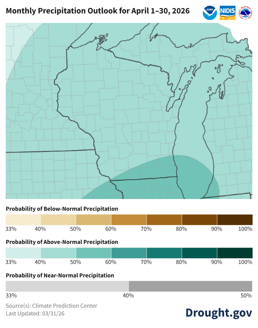 NOAA monthly precipitation outlook map for April 1–30, 2026 showing above-normal precipitation probability across the Great Lakes region. Image description below.