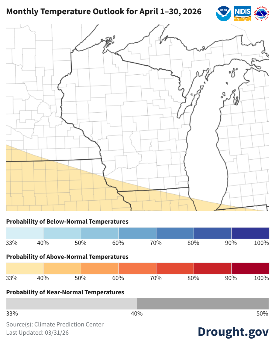 NOAA Monthly Temperature Outlook map, April 1–30 2026. Southern Wisconsin shows 33–40% probability of above-normal temps. Image description below.