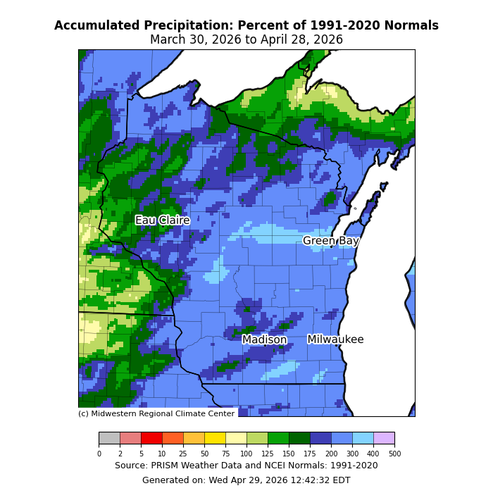 Map: Wisconsin 30-day precipitation vs 1991–2020 normals. Image description below.