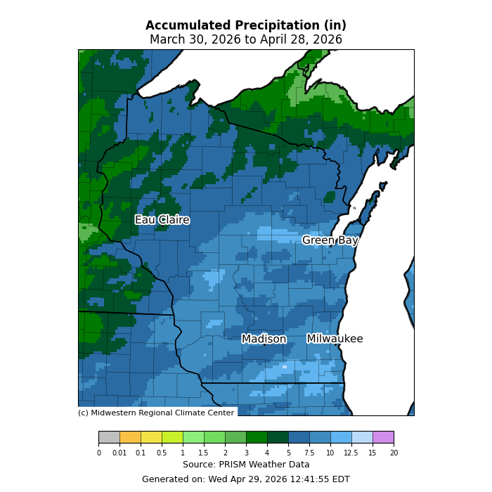 Accumulated precipitation (in inches) map of Wisconsin. Image description below.
