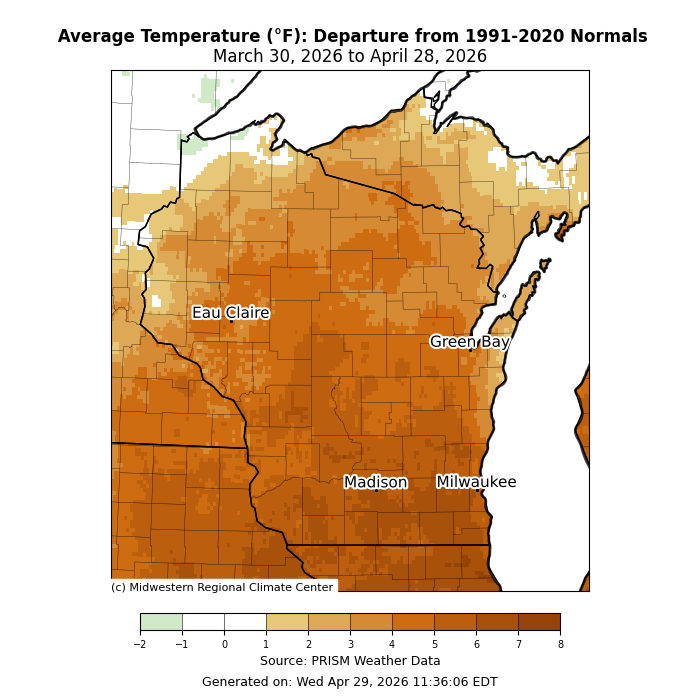 Wisconsin avg temp departure from 1991–2020 normals, Mar 30–Apr 28 2026. Image description below.