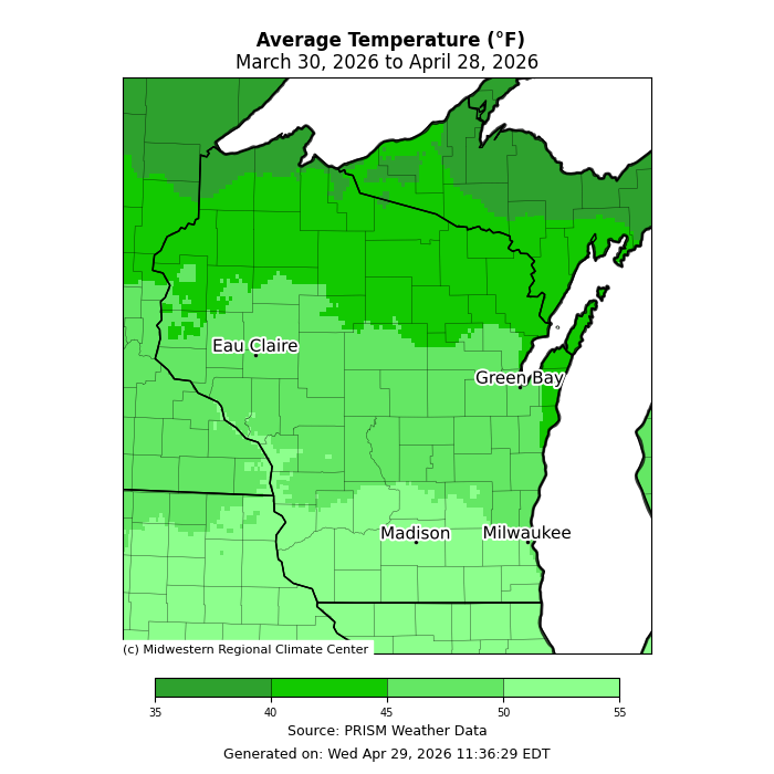 Average temperatures for Wisconsin March 30th through April 28th. Image description below. 