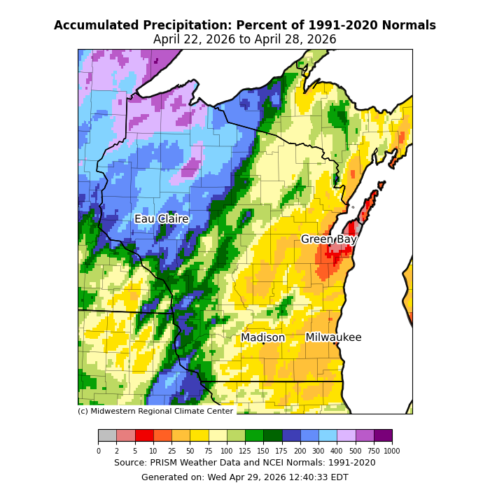 Map: Wisconsin 7-day precipitation Apr 22–28, 2026 vs 1991–2020 normals. Image description below.