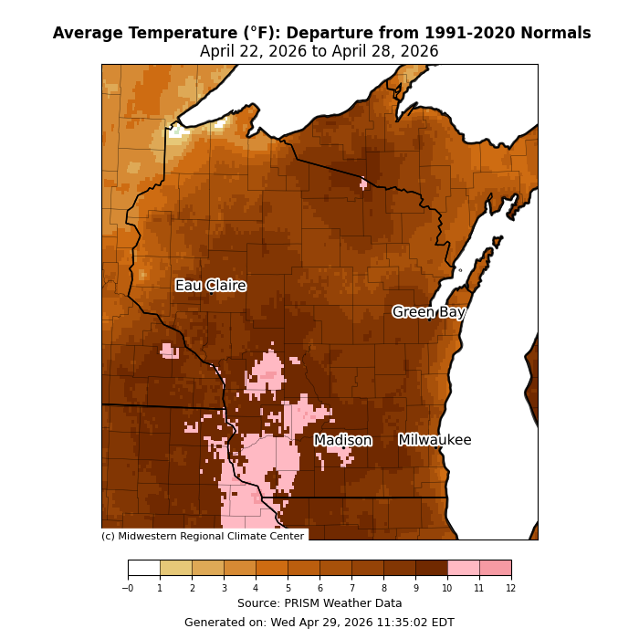 Average temperature departure from 1991- 2020 normals for Wisconsin April 22nd through April 28th. Image description below. 