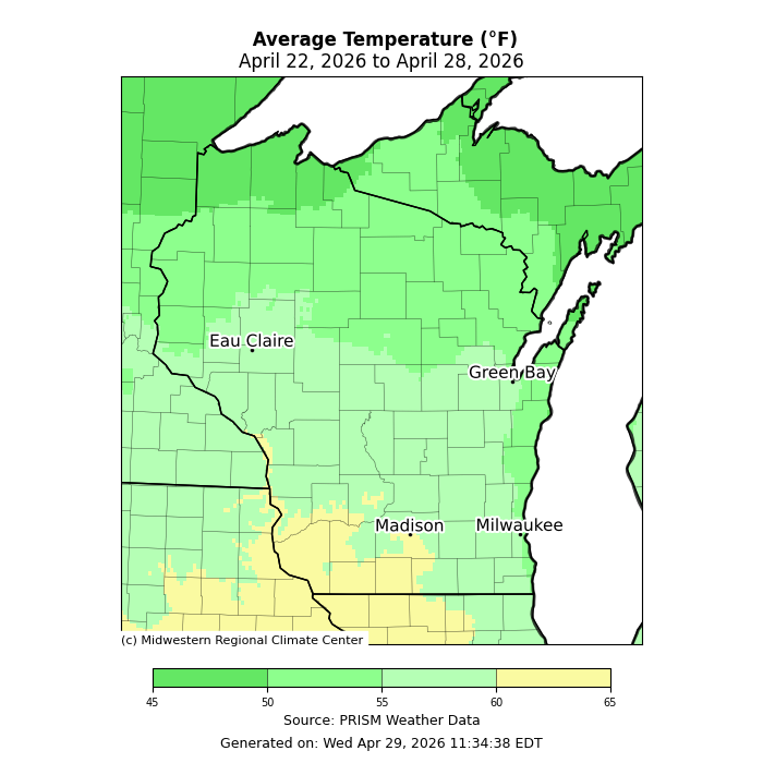 Seven day average temperatures for Wisconsin April 22nd through April 28th. Image description below. 