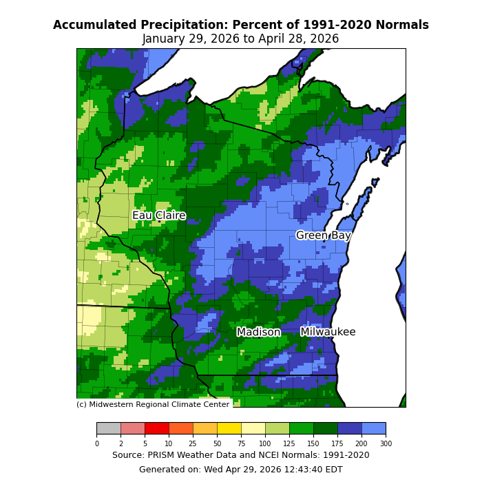 Map: Wisconsin 90-day precipitation vs 1991–2020 normals. Image description below.