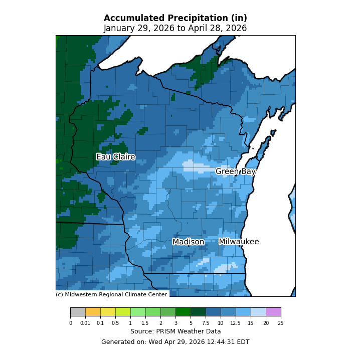 Map: Accumulated precipitation Jan 29–Apr 28, 2026 across WI and MN. Image description below.