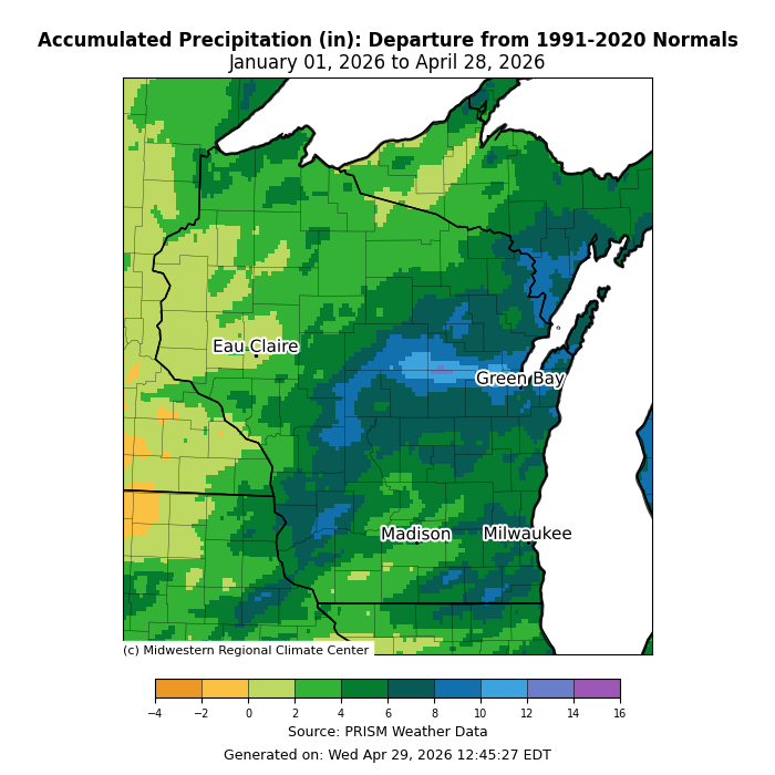 Map: Wisconsin year to date precipitation vs 1991–2020 normals. Image description below.