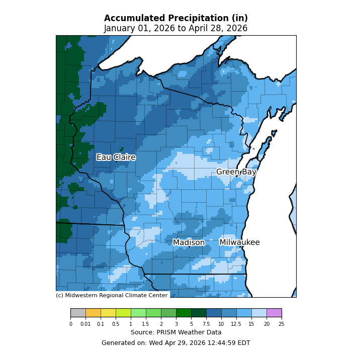 Map: Wisconsin accumulated precipitation Jan 1–Apr 28, 2026. Most areas 5–12.5 in. (blue). Image description below.