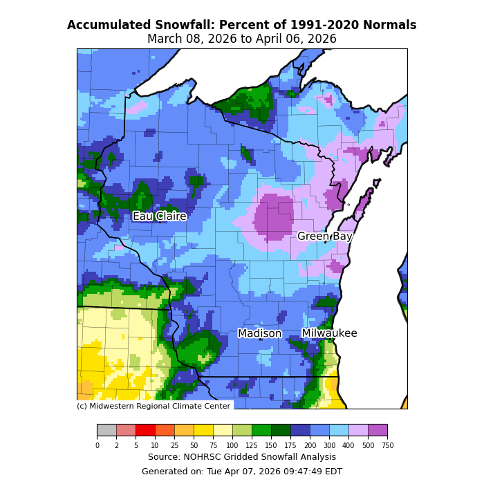 Accumulated snowfall: percent of 1991- 2020 normals. Image description below.