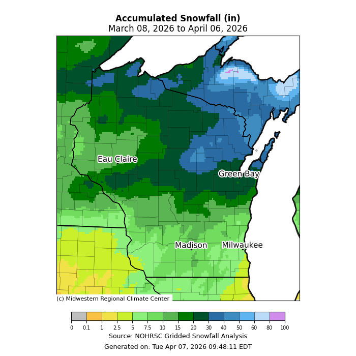 Wisconsin thirty day accumulated snowfall. Image description below.