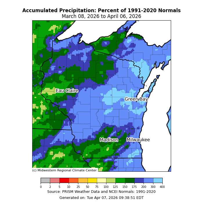 Accumulated Precipitation: percent of 1991-2020 normals for Wisconsin. Image description below.