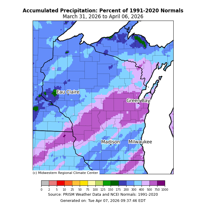 Accumulated precipitation compared to the percent of normal precipitation from 1991- 2020 for Wisconsin. Image description below.