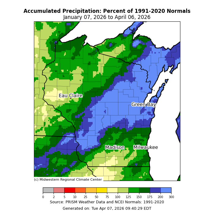 Accumulated precipitation: percent of 1991- 2000 normals for Wisconsin. Image description below