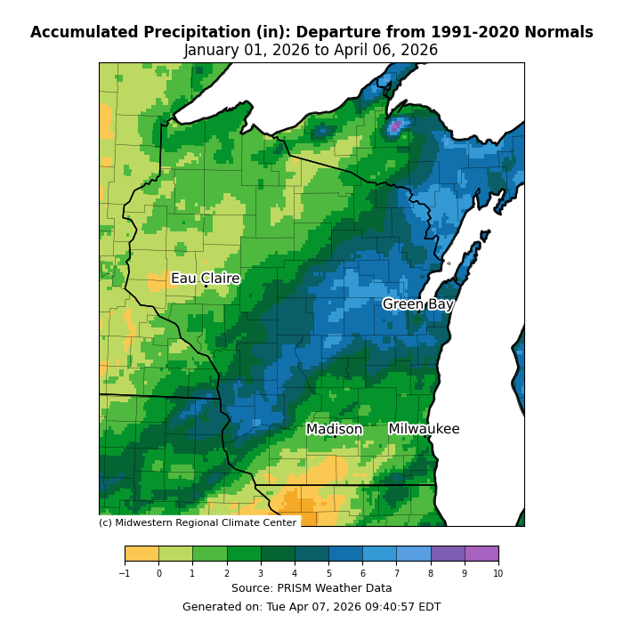 Accumulated precipitation in inches: departure from 1991- 2020 normals. Image description below.