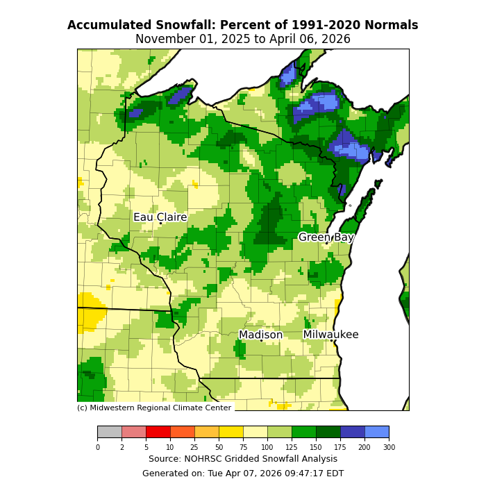 Wisconsin accumulated snowfall Nov 2025–Apr 2026, percent of 1991–2020 normals. Image description below.