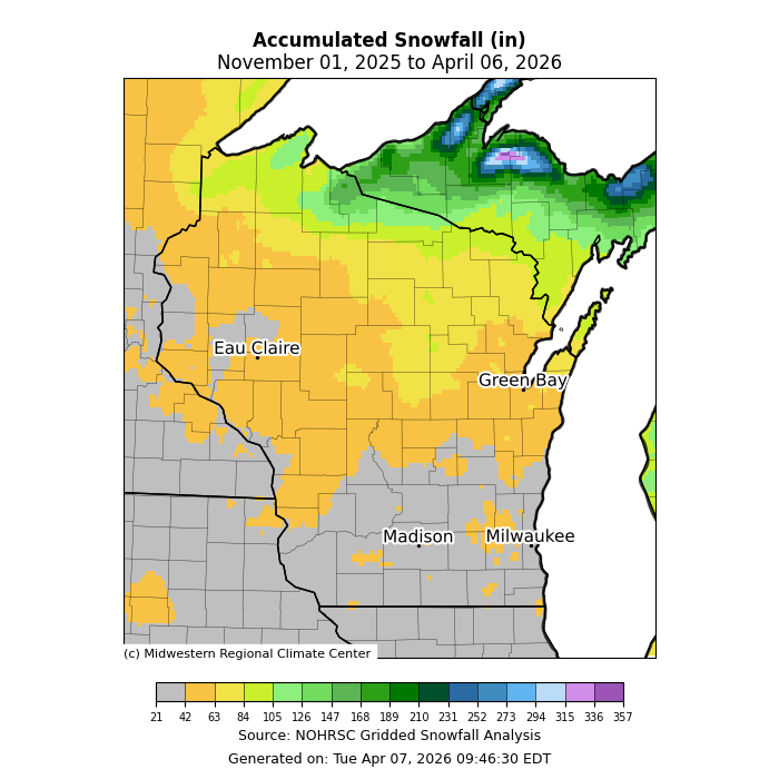 Wisconsin accumulated snowfall map. Image description below.