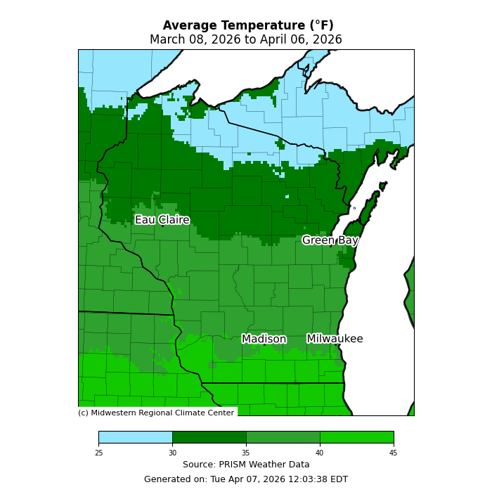 Map showing the average temperature (°F), March 8–April 6, 2026, Wisconsin region. Image description below.