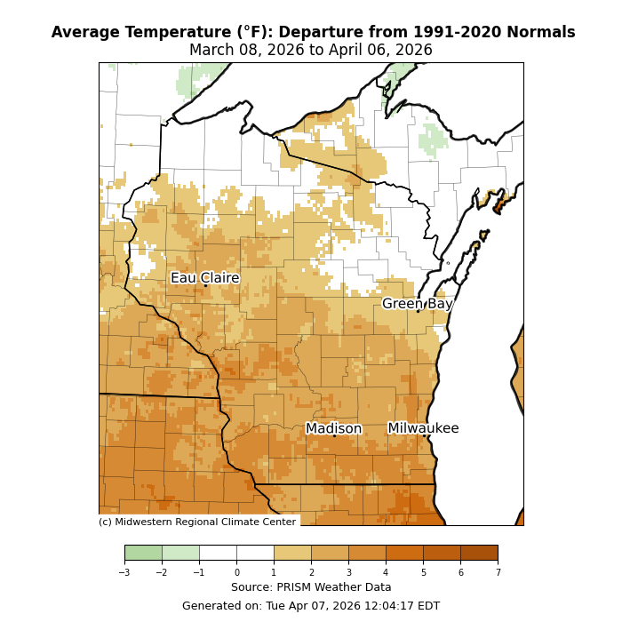 Map showing Wisconsin temps 3–7°F above 1991–2020 normals, March 8–April 6, 2026. Image description below.