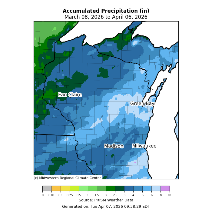 Accumulated precipitation map for Wisconsin. Image description below.