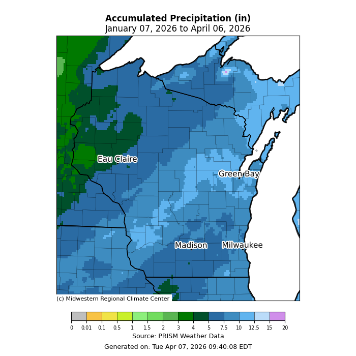 Six month accumulated precipitation in Wisconsin. Image description below