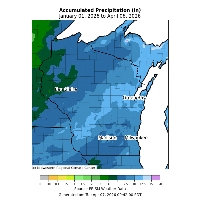 Accumulated precipitation in inches in 2026. Image description below