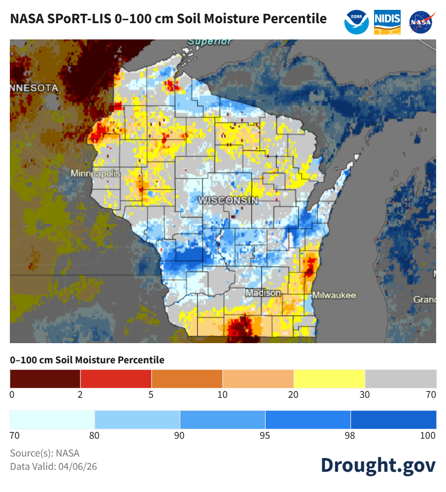 NASA SPoRT-LIS soil moisture map of Wisconsin, April 6, 2026. Image description below.