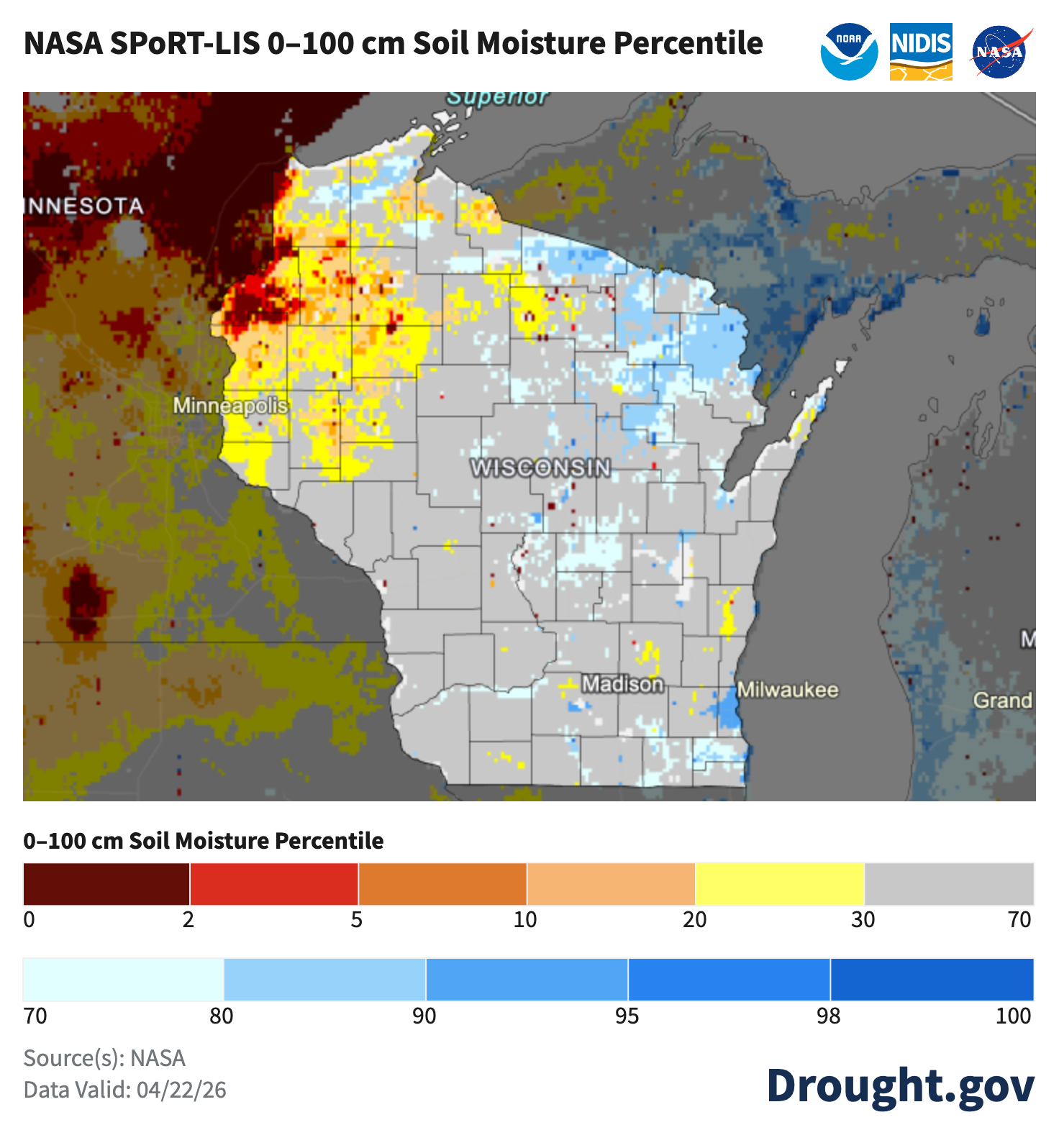 NASA SPoRT-LIS soil moisture map of Wisconsin and Minnesota, April 22, 2026. Image description below.