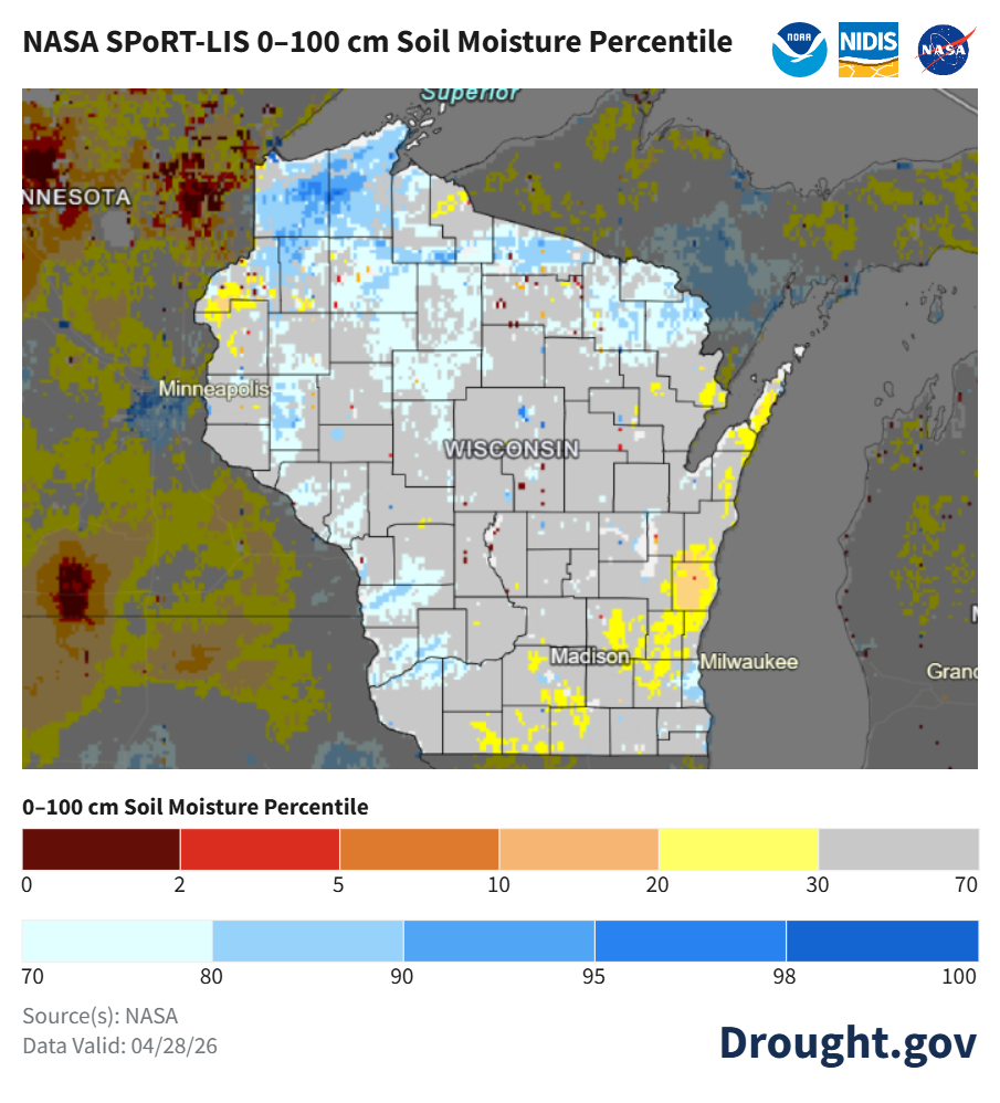 NASA SPoRT-LIS soil moisture map of Wisconsin, 04/28/26. Image description below.