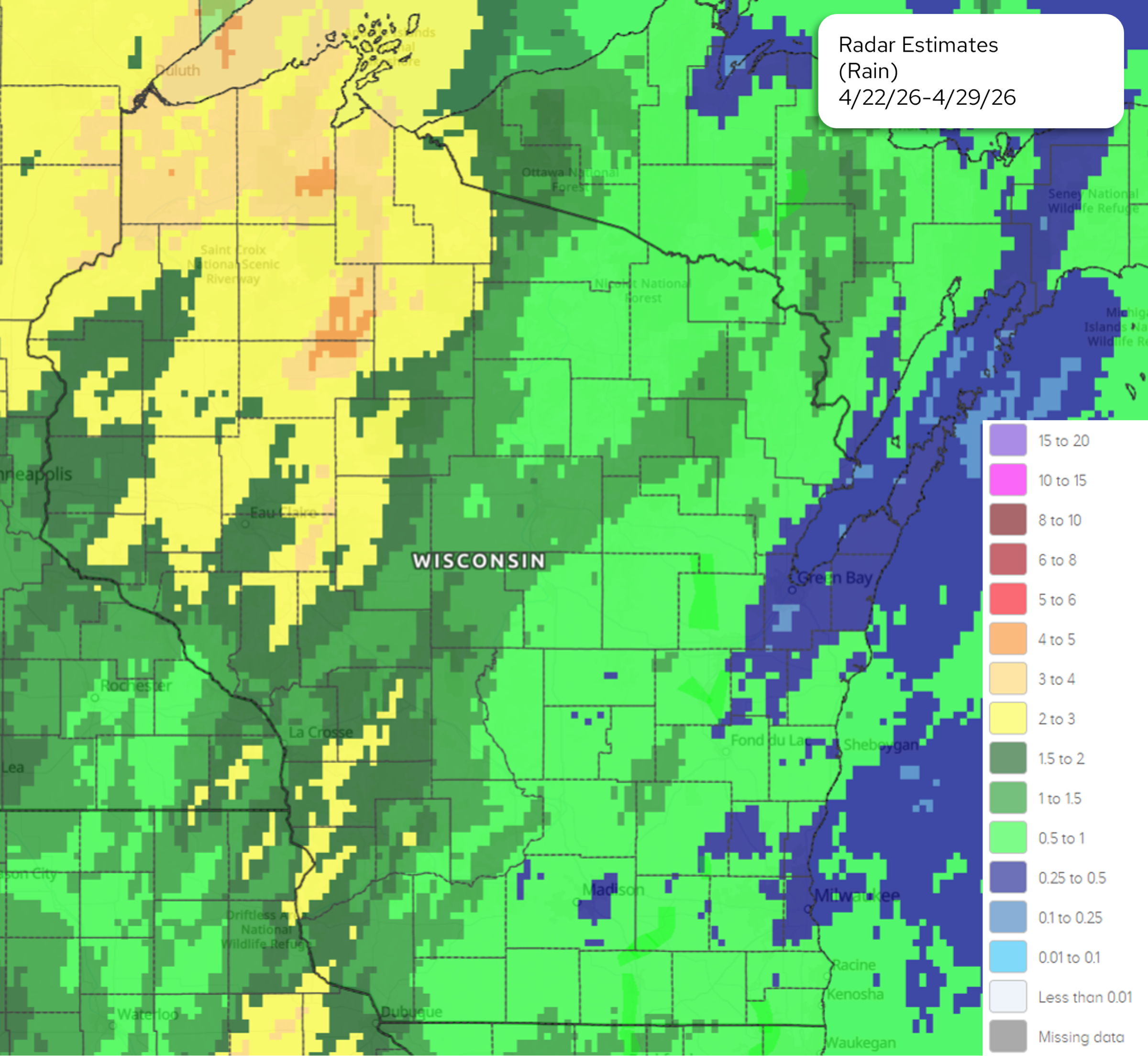 NOAA radar rainfall map of Wisconsin, April 22–29, 2026. Image description below.