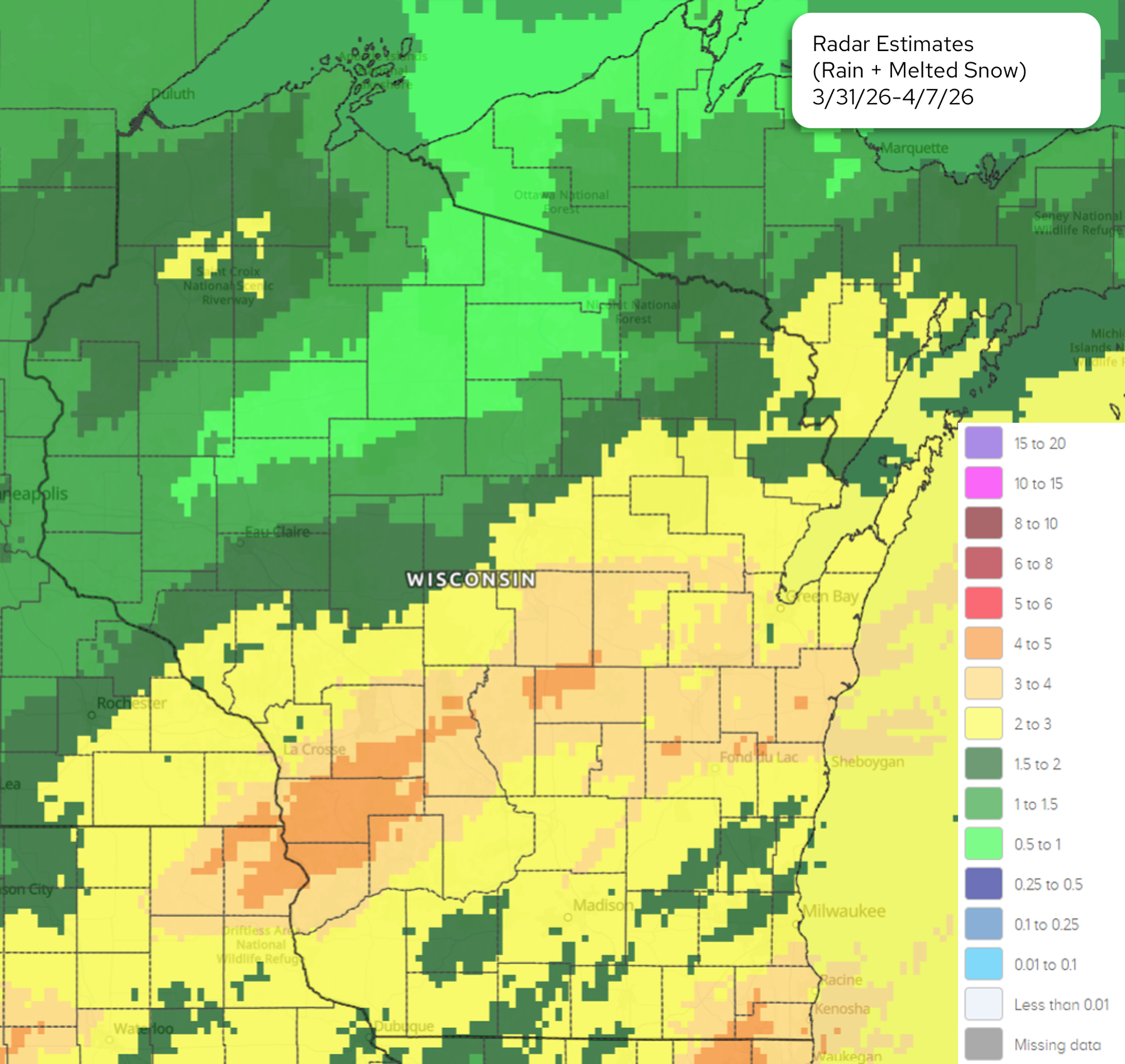 Seven day precipitation totals for Wisconsin. Image description below.