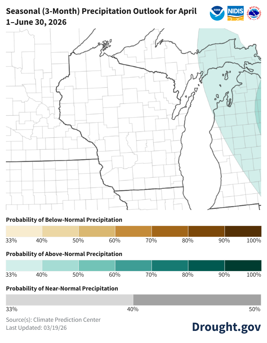 NOAA seasonal precipitation outlook map, April–June 2026: most of WI shows equal chances; MI's east side favors above-normal rain. Image description below.