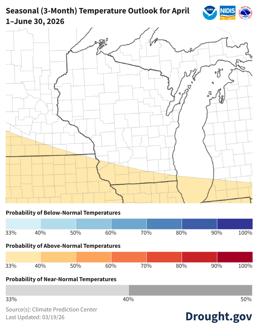 NOAA seasonal temperature outlook map, April–June 2026: above-normal temps likely across southern Wisconsin/Midwest. Image description below.