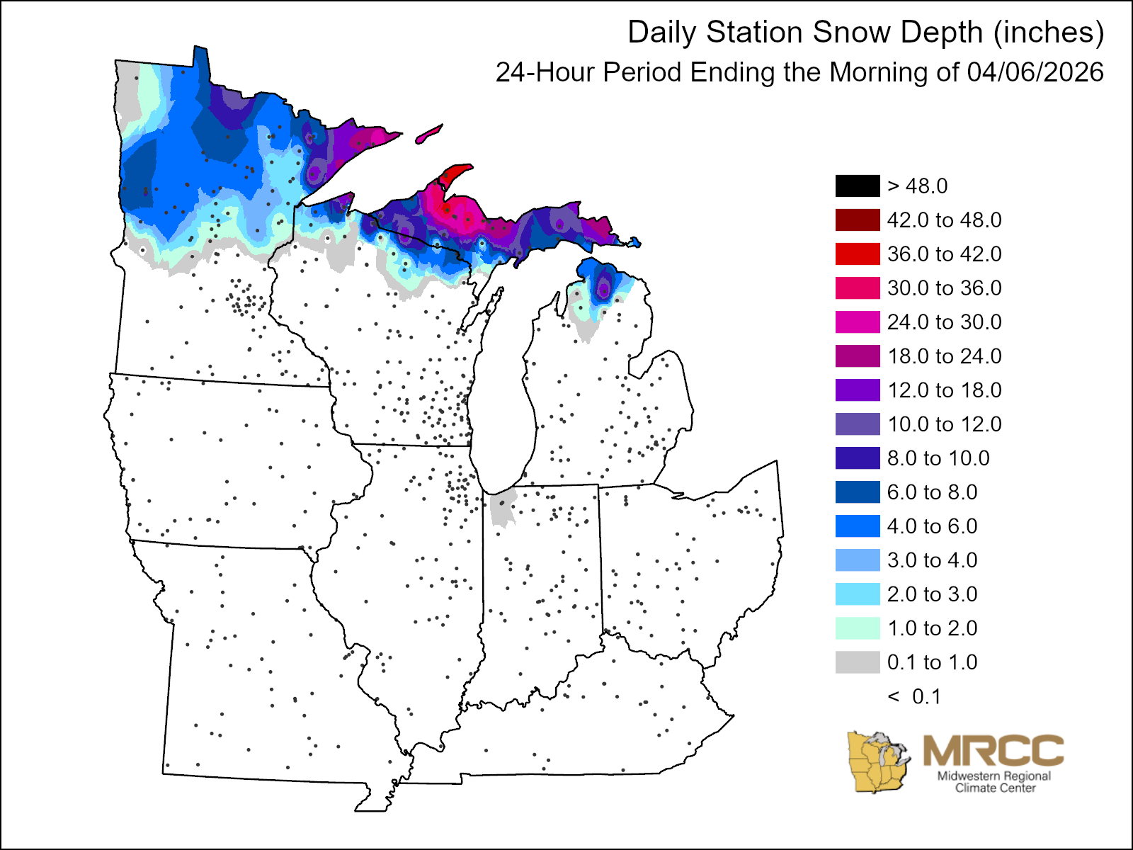 Snow depth map of the Midwest, 04/06/2026. Heavy accumulation (12–42+ inches) in northern Minnesota and Upper Michigan. Image description below.